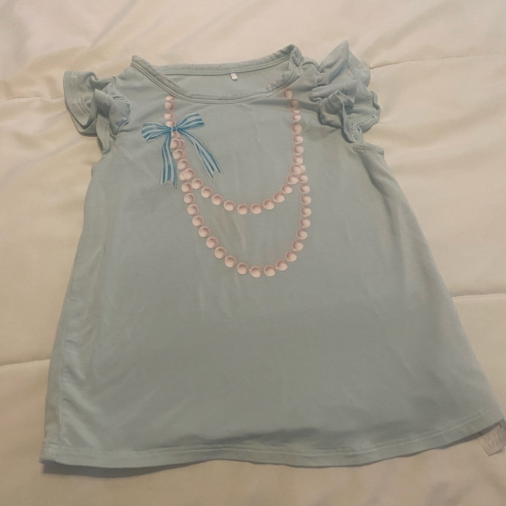 Posh Peanut Blue Ruffled Kids Top with Pearl Necklace Decor